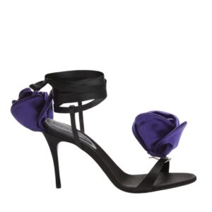 MAGDA BUTRYM DOUBLE PURPLE FLOWER HEEL SANDALS IN BLACK