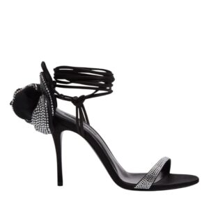 MAGDA BUTRYM FLOWER WRAP AROUND BLACK SATIN HEEL SANDALS WITH STRASS