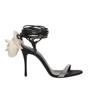 MAGDA BUTRYM IVORY FLOWER WRAP AROUND BLACK SATIN HEEL SANDALS WITH STRASS