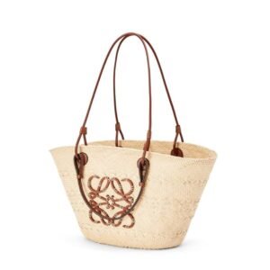 LOEWE ANAGRAM BASKET BAG IN IRACA PALM AND CALFSKIN