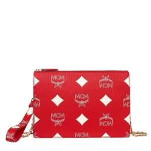 MCM Small Wristlet Zip Pouch w/ Chain Strap in Maxi Visetos Candy Red