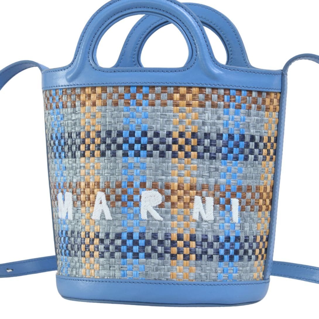 MARNI TROPICALIA SMALL BUCKET BAG IN LEATHER AND CHECKED RAFFIA EFFECT FABRIC - Image 3