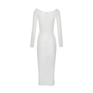 MAGDA BUTRYM OFF SHOULDER LONG SLEEVE KNIT MIDI DRESS IN CREAM