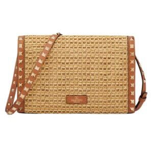 VALENTINO GARAVANI SMALL ROCKSTUD SHOULDER BAG IN WOVEN RAFFIA