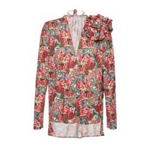 MAGDA BUTRYM CLASSIC JERSEY SHIRRED FLOWER BLOUSON IN RED FLORAL PRINT