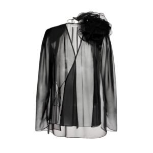 MAGDA BUTRYM CLASSIC SHIRRED FLOWER BLOUSE IN SHEER BLACK