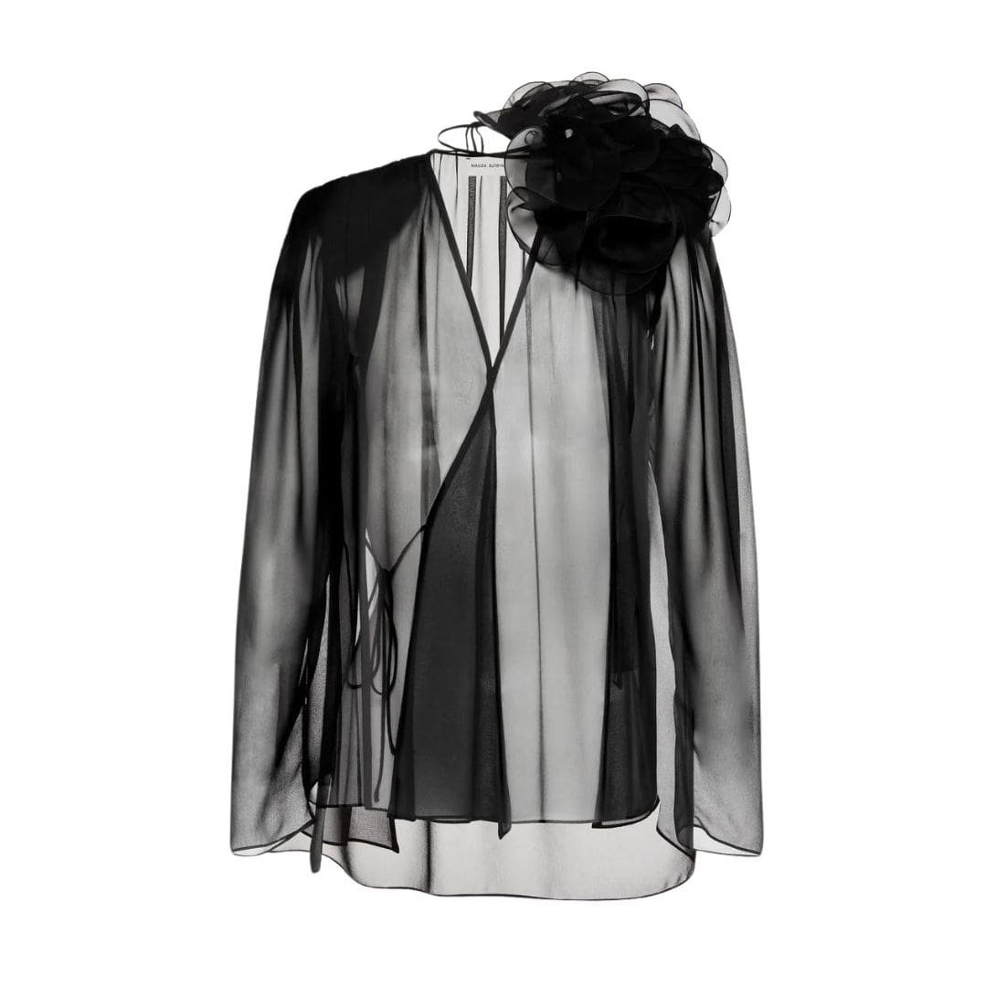 MAGDA BUTRYM CLASSIC SHIRRED FLOWER BLOUSE IN SHEER BLACK