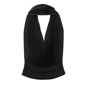 MAGDA BUTRYM COWL NECK JERSEY HALTER TOP IN BLACK
