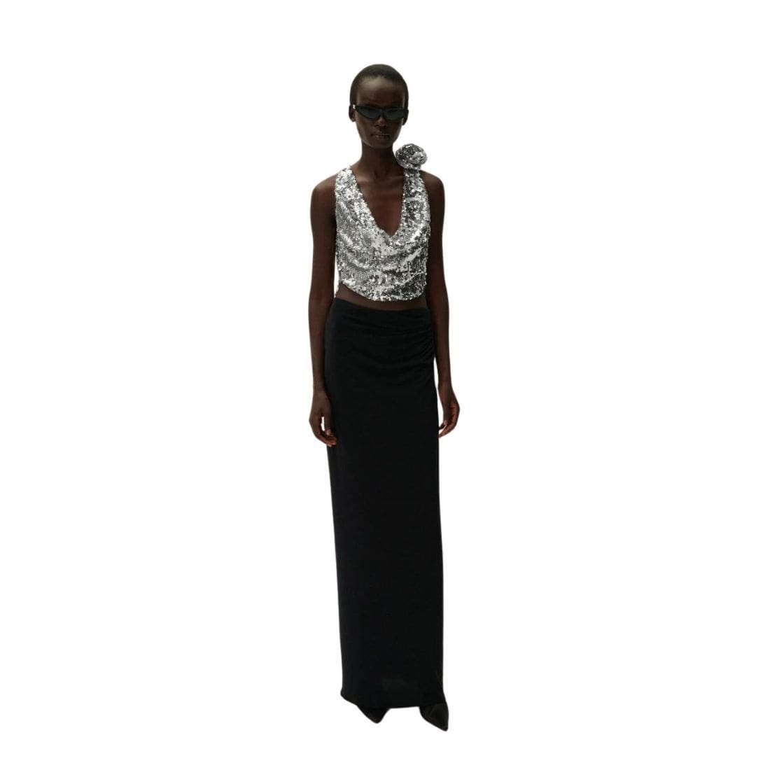 MAGDA BUTRYM COWL NECK SEQUIN TOP IN SILVER - Image 3