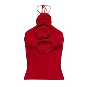MAGDA BUTRYM FLORAL APPLIQUE JERSEY TIE NECK TOP IN DARK RED