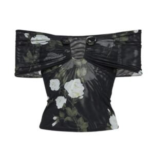 MAGDA BUTRYM OFF SHOULDER MESH TOP IN BLACK PRINT