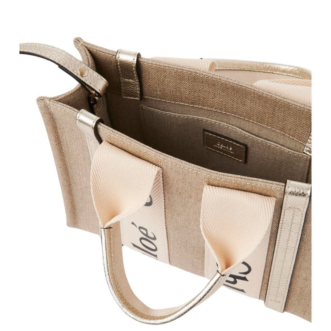 CHLOE SMALL WOODY TOTE BAG WITH STRAP LIGHT GOLD - Image 4