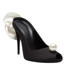 MAGDA BUTRYM PEEP TOE MULES IN BLACK SATIN