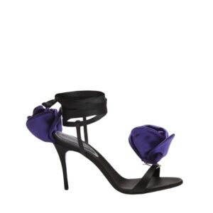 MAGDA BUTRYM DOUBLE PURPLE FLOWER HEEL SANDALS IN BLACK SATIN