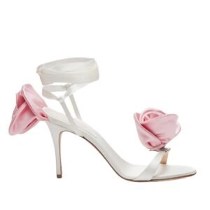 MAGDA BUTRYM PINK FLOWER WRAP AROUND CREAM SATIN HEEL SANDALS