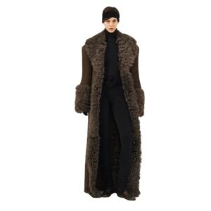 MAGDA BUTRYM LONG BELTED SUEDE SHEARLING COAT IN BROWN