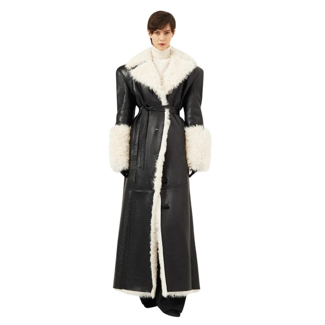 MAGDA BUTRYM LONG BELTED SHEARLING LEATHER COAT IN BLACK - Image 2