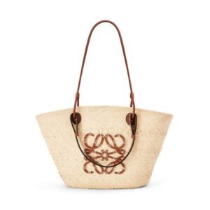 LOEWE ANAGRAM BASKET BAG IN IRACA PALM AND CALFSKIN