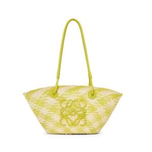 LOEWE SMALL ANAGRAM BASKET BAG IN IRACA PALM AND CALFSKIN