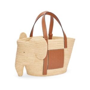 LOEWE SMALL ELEPHANT BASKET BAG IN RAFFIA AND CALFSKIN