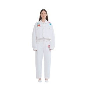MARNI WHITE DENIM JACKET WITH FLOWER PATCHES