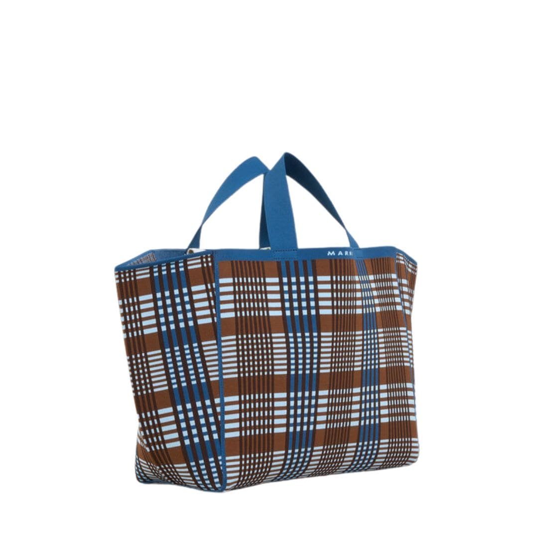 MARNI BLUE AND BROWN JACQUARD CHECK SILLO MEDIUM SHOPPER - Image 3