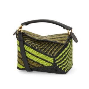 LOEWE SMALL PUZZLE EDGE BAG IN RAFFIA AND CALFSKIN