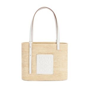 LOEWE SMALL SQUARE BASKET BAG IN RAFFIA AND CALFSKIN