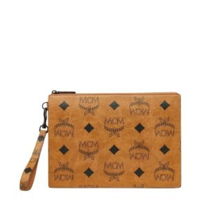 MCM MEDIUM AREN WRISTLET ZIP POUCH IN MAXI VISETOS COGNAC