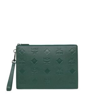 MCM MEDIUM AREN WRISTLET ZIP POUCH IN MAXI MONOGRAM LEATHER GREEN