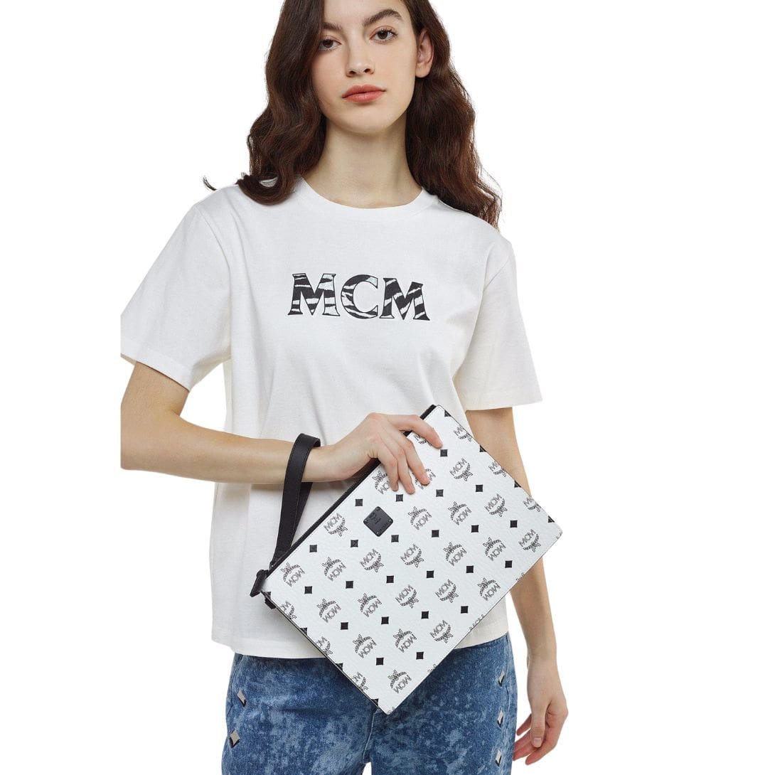 MCM MEDIUM AREN WRISTLET ZIP POUCH IN VISETOS WHITE - Image 4