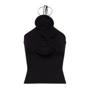 MAGDA BUTRYM FLORAL APPLIQUE JERSEY TIE NECK TOP IN BLACK