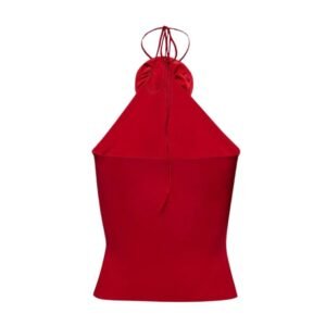 MAGDA BUTRYM FLORAL APPLIQUE JERSEY TIE NECK TOP IN DARK RED