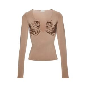 MAGDA BUTRYM LONG SLEEVE FLORAL APPLIQUE JERSEY TOP IN BEIGE