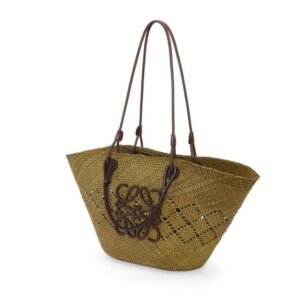 LOEWE ANAGRAM BASKET BAG IN IRACA PALM AND CALFSKIN