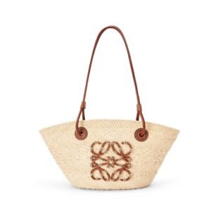 LOEWE SMALL ANAGRAM BASKET BAG IN IRACA PALM AND CALFSKIN
