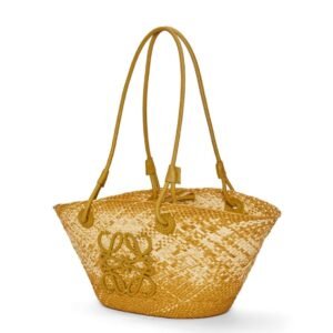 LOEWE SMALL ANAGRAM BASKET BAG IN IRACA PALM AND CALFSKIN