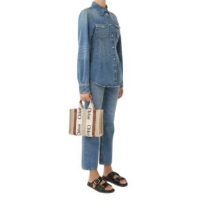 CHLOE SMALL WOODY TOTE BAG WHITE AND BROWN