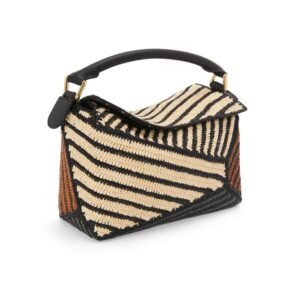 LOEWE SMALL PUZZLE EDGE BAG IN RAFFIA AND CALFSKIN