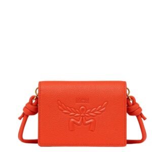MCM Mini Himmel Crossbody Wallet in Embossed Logo Leather Orangeade