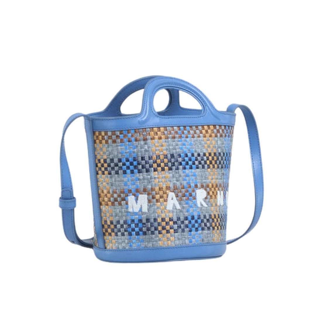 MARNI TROPICALIA SMALL BUCKET BAG IN LEATHER AND CHECKED RAFFIA EFFECT FABRIC - Image 5