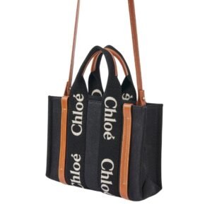 CHLOE SMALL WOODY TOTE BAG BLACK AND BEIGE