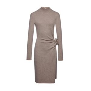 MAGDA BUTRYM HIGH NECK KNIT MIDI DRESS IN BEIGE