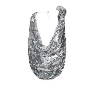 MAGDA BUTRYM COWL NECK SEQUIN TOP IN SILVER
