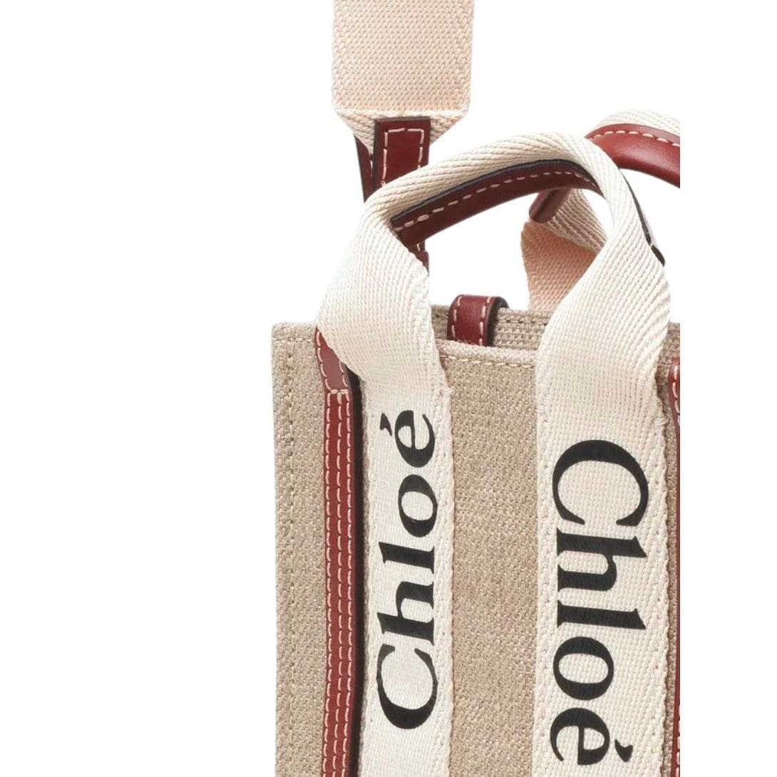 CHLOE MINI WOODY NORTH/SOUTH TOTE BAG IN LINEN WHITE & BROWN - Image 2