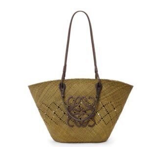 LOEWE ANAGRAM BASKET BAG IN IRACA PALM AND CALFSKIN