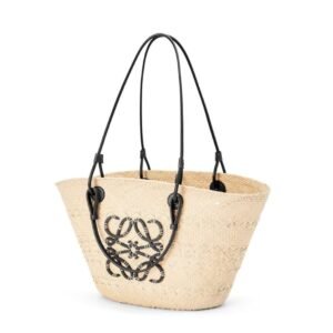 LOEWE ANAGRAM BASKET BAG IN IRACA PALM AND CALFSKIN