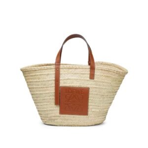 LOEWE LARGE BASKET BAG IN PALM LEAF AND CALFSKIN