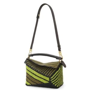 LOEWE SMALL PUZZLE EDGE BAG IN RAFFIA AND CALFSKIN