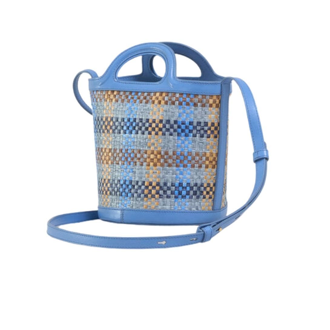 MARNI TROPICALIA SMALL BUCKET BAG IN LEATHER AND CHECKED RAFFIA EFFECT FABRIC - Image 4
